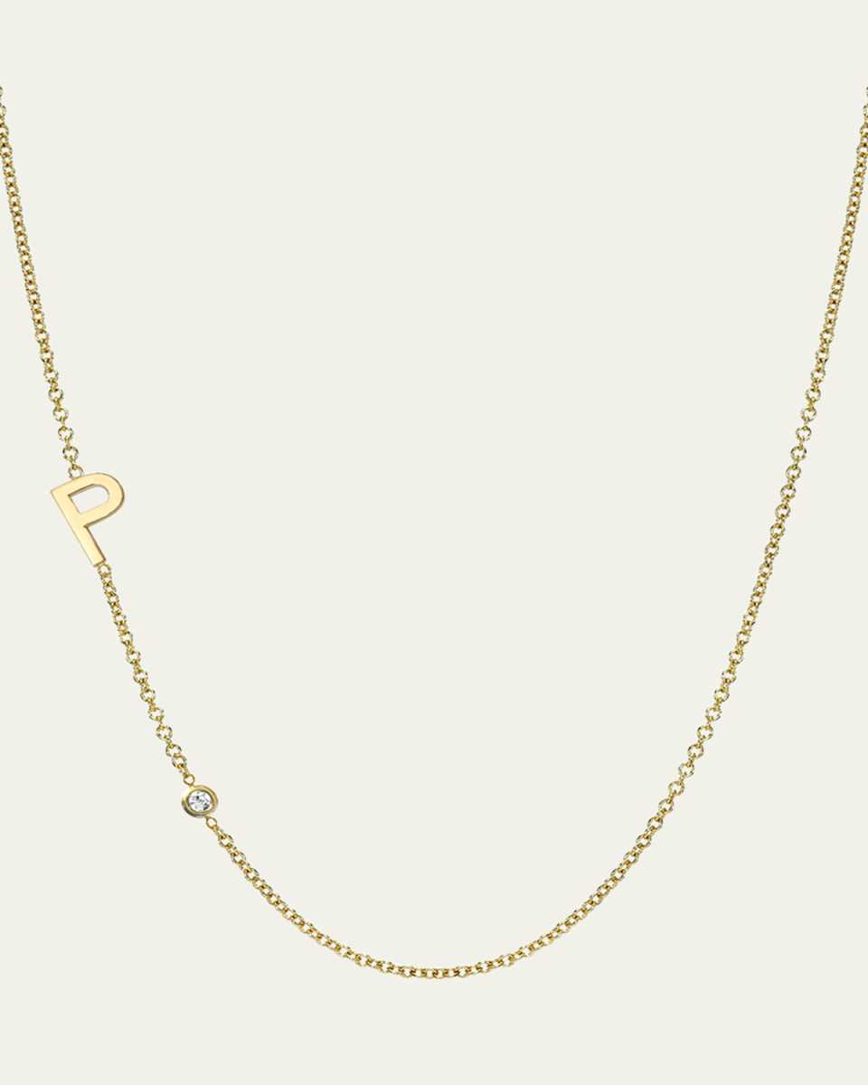 14k Gold Asymmetrical Initial and Bezel Diamond Necklace